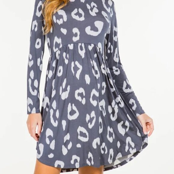 Boutique Animal Print Flare Dress Long Sleeve Pockets Above The Knee Gray - Picture 7 of 16